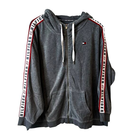 Tommy Hilfiger Women’s Logo Sleeve Velour Full Zip Hoodie Gray Plus Size 2X Y2K - Picture 1 of 6